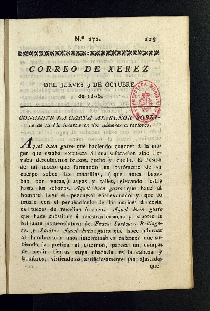 Miniatura de El Correo de Xerez del 9 de octubre de 1806, nº 272