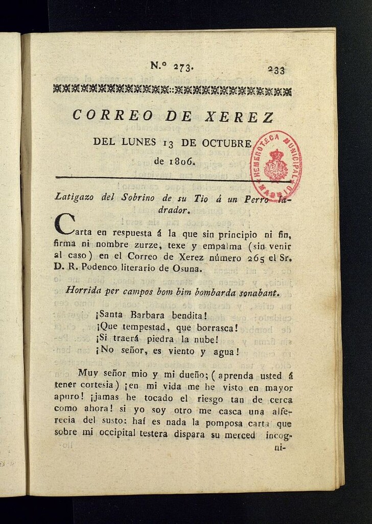 Miniatura de El Correo de Xerez del 13 de octubre de 1806, nº 273