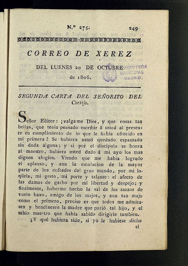 Miniatura de El Correo de Xerez del 20 de octubre de 1806, nº 275