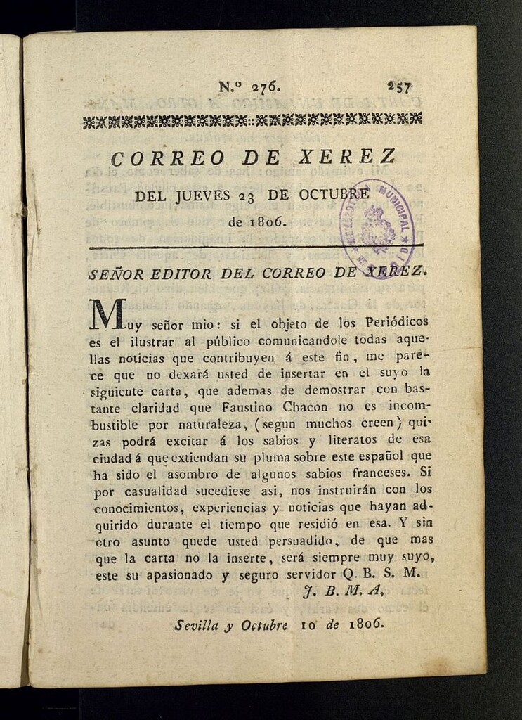 Miniatura de El Correo de Xerez del 23 de octubre de 1806, nº 276