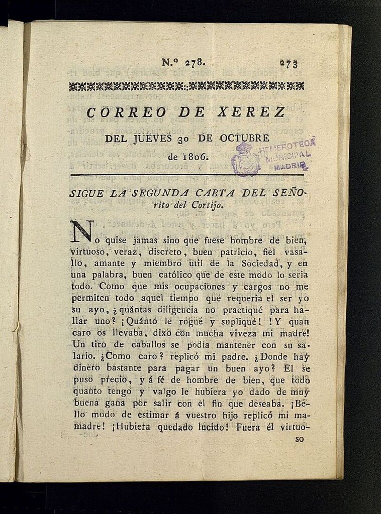 Miniatura de El Correo de Xerez del 30 de octubre de 1806, nº 278
