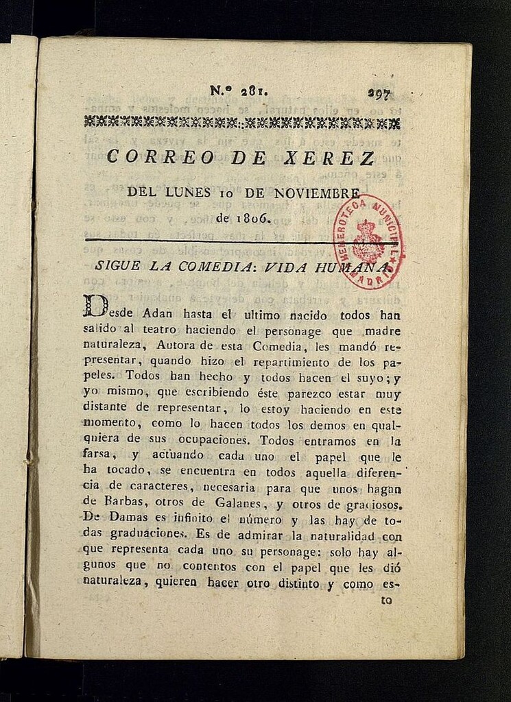 Miniatura de El Correo de Xerez del 10 de noviembre de 1806, nº 281