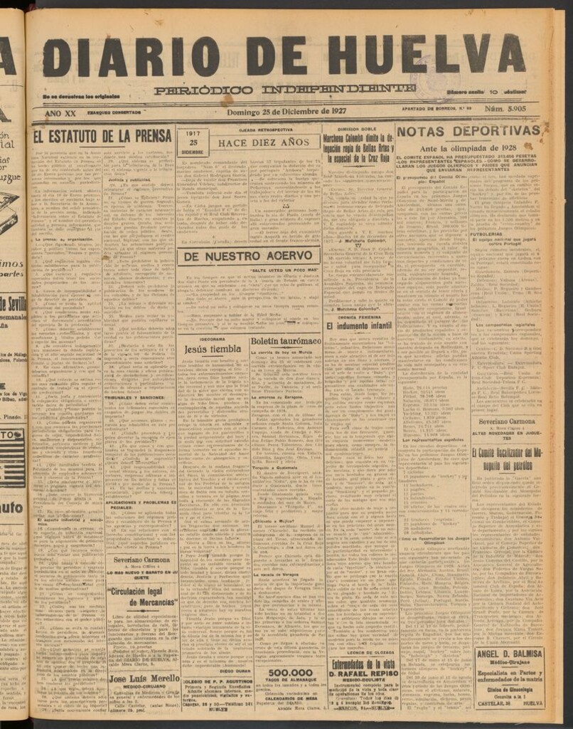 Miniatura de Diario de Huelva : periódico independiente del 25 de diciembre de 1927