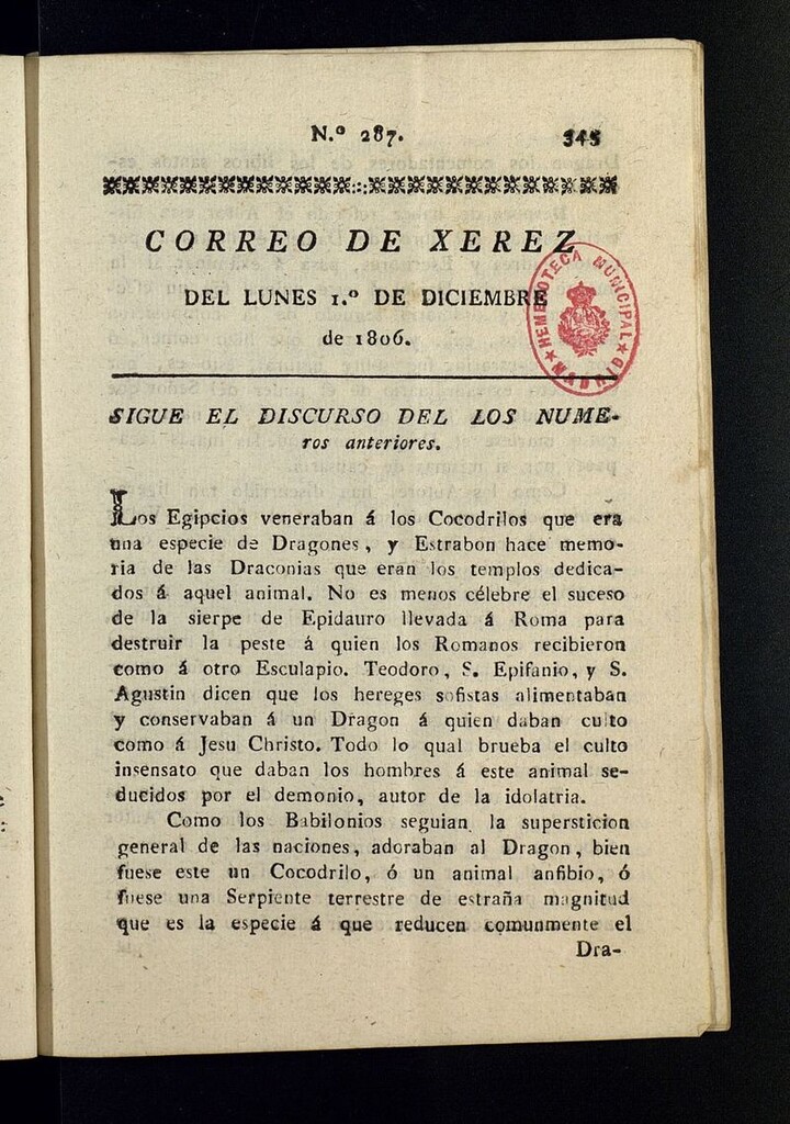 Miniatura de El Correo de Xerez del 1 de diciembre de 1806, nº 287