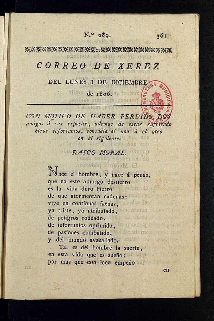 Miniatura de El Correo de Xerez del 8 de diciembre de 1806, nº 289
