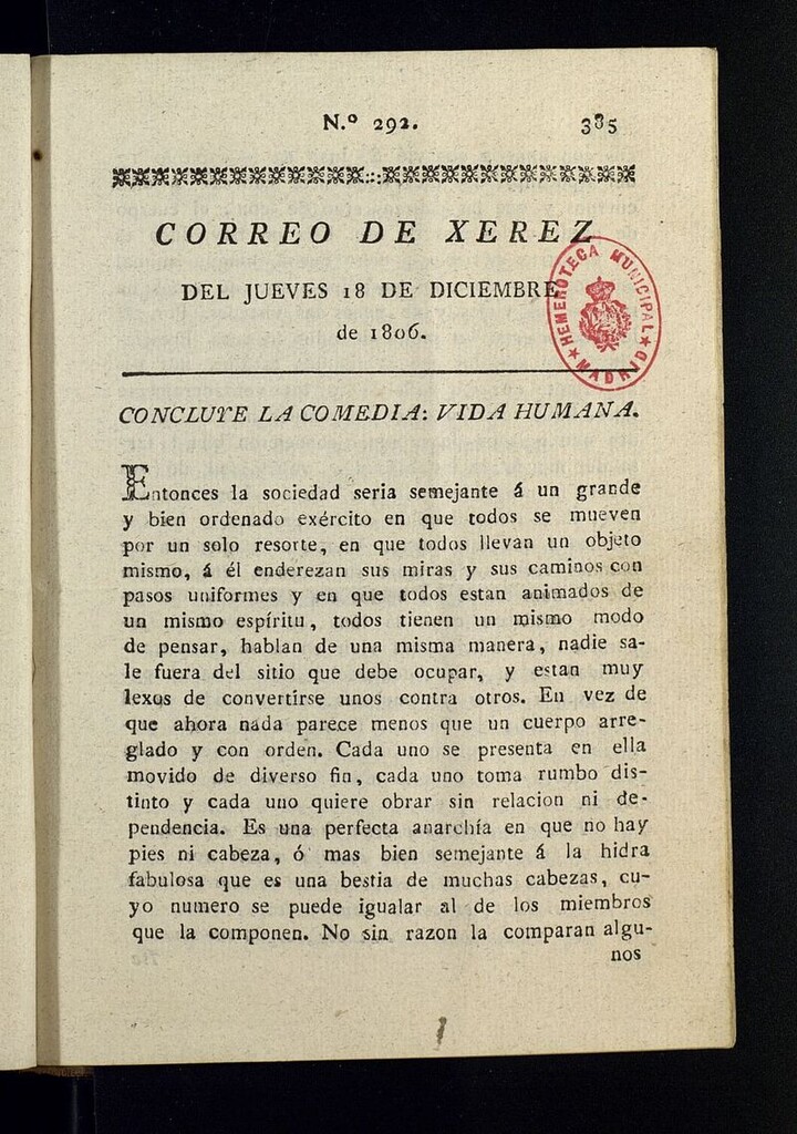 Miniatura de El Correo de Xerez del 18 de diciembre de 1806, nº 292