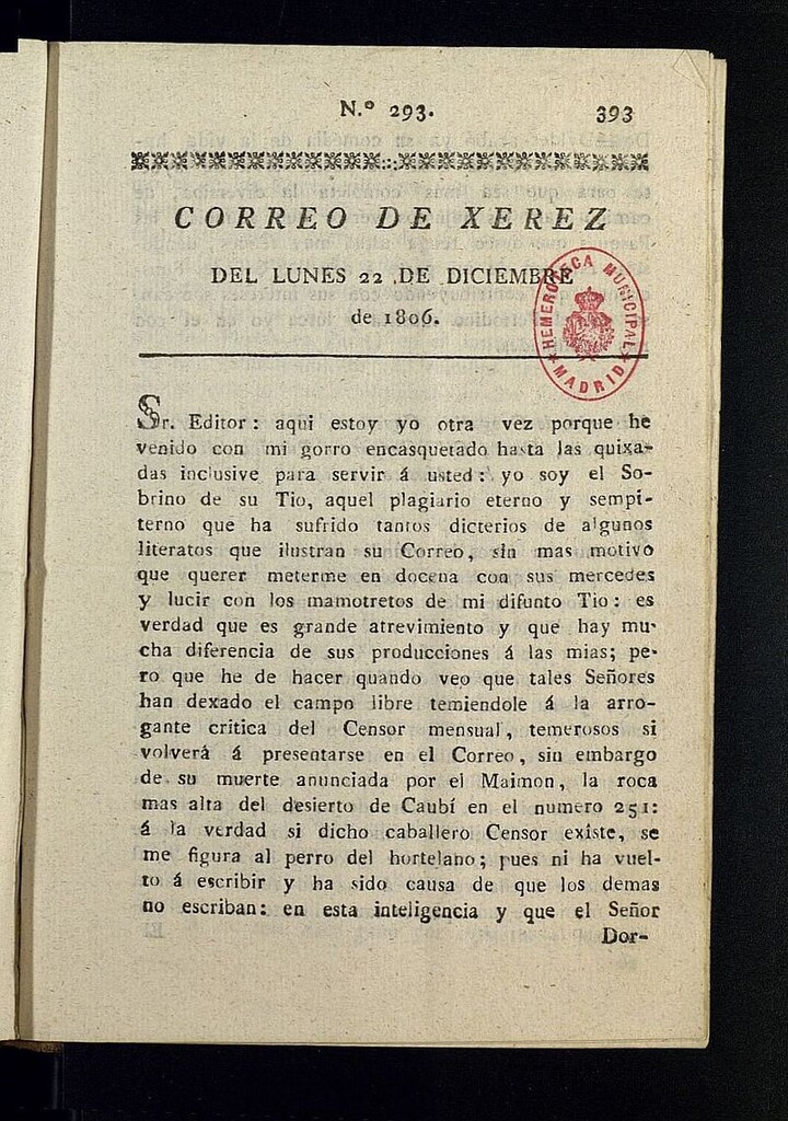 Miniatura de El Correo de Xerez del 22 de diciembre de 1806, nº 293