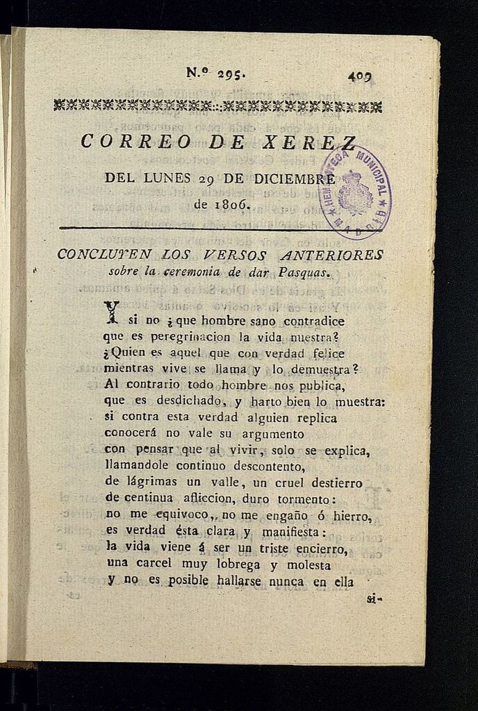 Miniatura de El Correo de Xerez del 29 de diciembre de 1806, nº 295