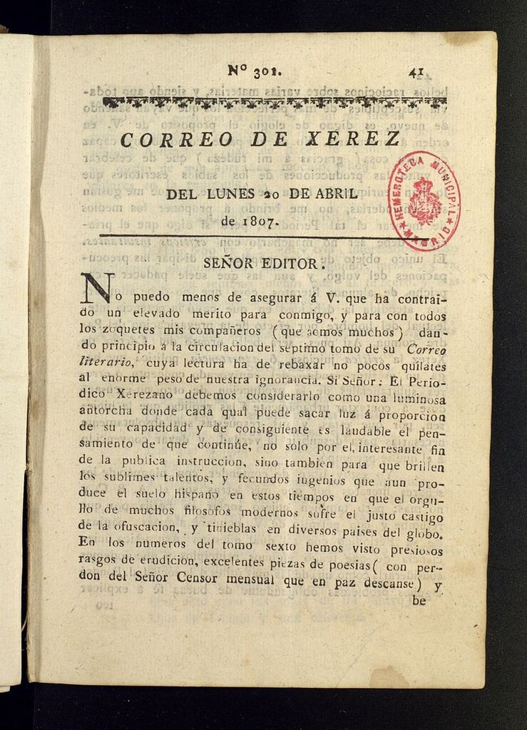 Miniatura de El Correo de Xerez del 20 de abril de 1807, nº 301