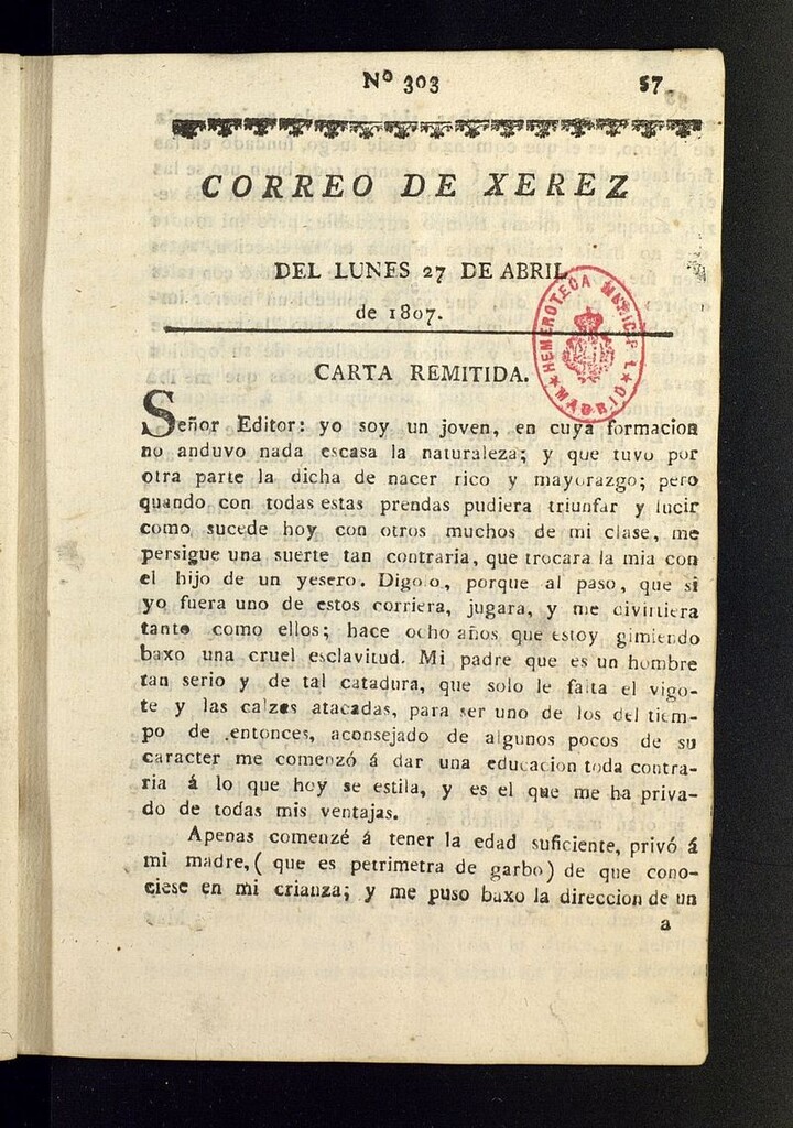 Miniatura de El Correo de Xerez del 27 de abril de 1807, nº 303