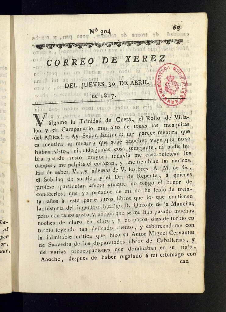 Miniatura de El Correo de Xerez del 30 de abril de 1807, nº 304