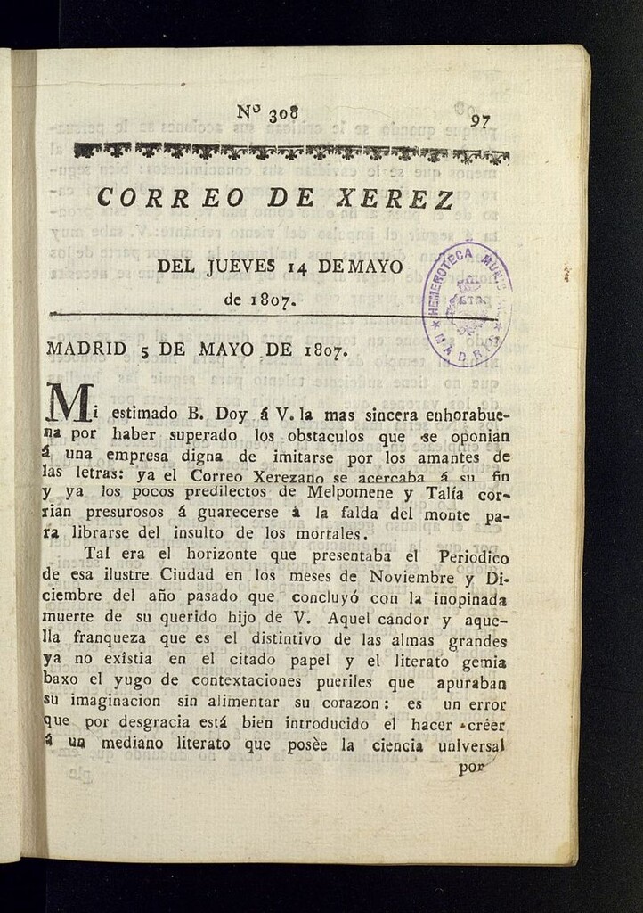 Miniatura de El Correo de Xerez del 14 de mayo de 1807, nº 308