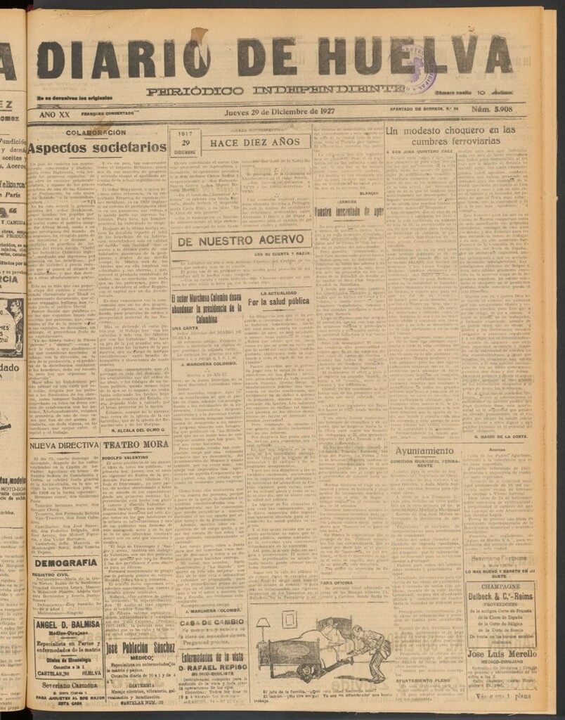 Miniatura de Diario de Huelva : periódico independiente del 29 de diciembre de 1927
