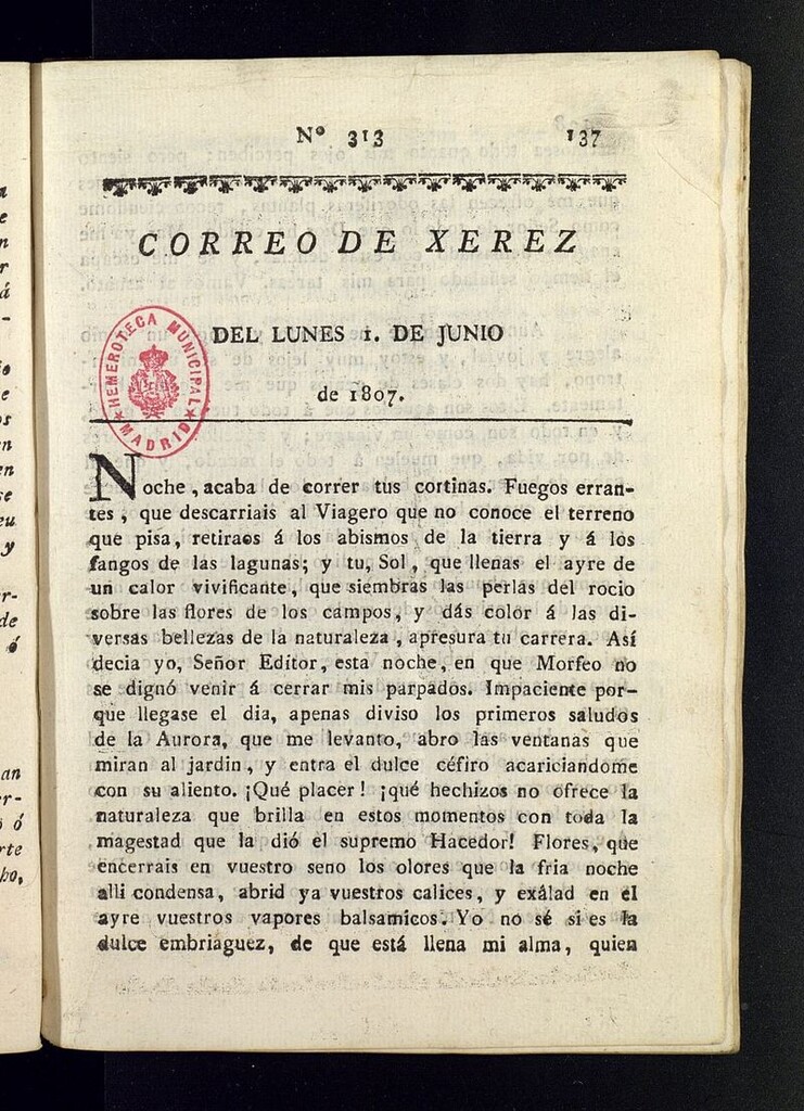 Miniatura de El Correo de Xerez del 1 de junio de 1807, nº 313