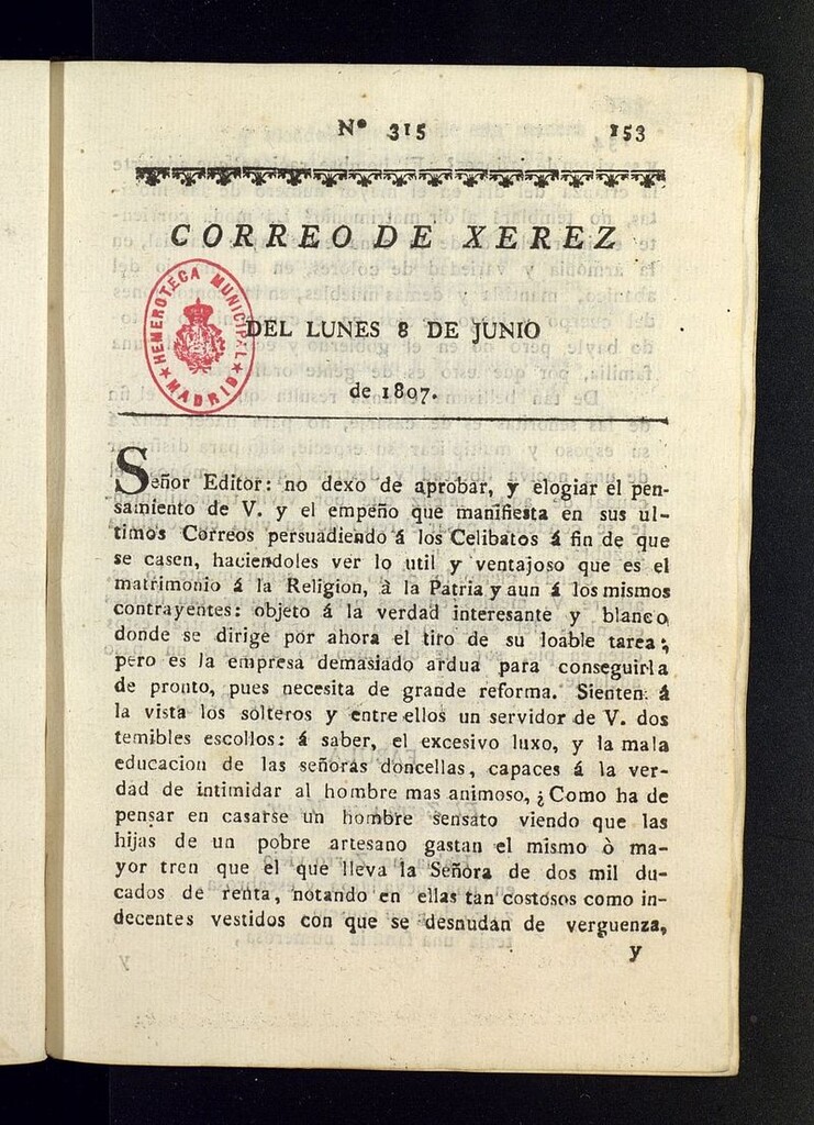 Miniatura de El Correo de Xerez del 8 de junio de 1807, nº 315