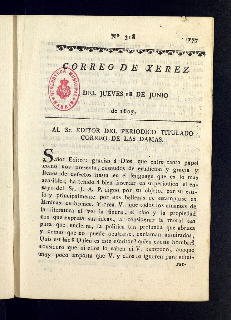 Miniatura de El Correo de Xerez del 18 de junio de 1807, nº 318