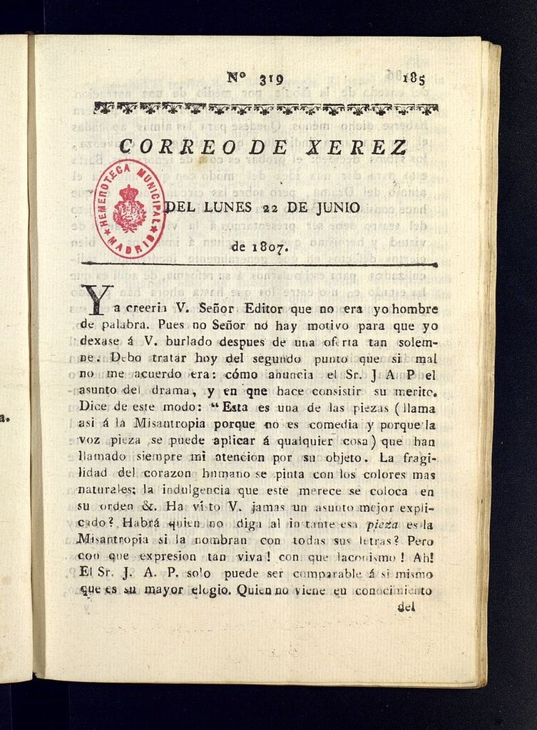 Miniatura de El Correo de Xerez del 22 de junio de 1807, nº 319