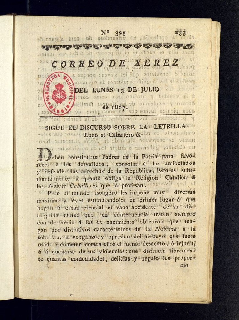 Miniatura de El Correo de Xerez del 13 de julio de 1807, nº 325