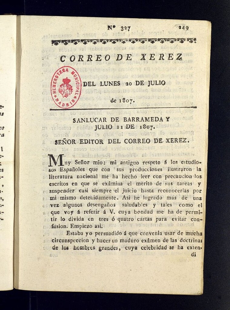 Miniatura de El Correo de Xerez del 20 de julio de 1807, nº 327