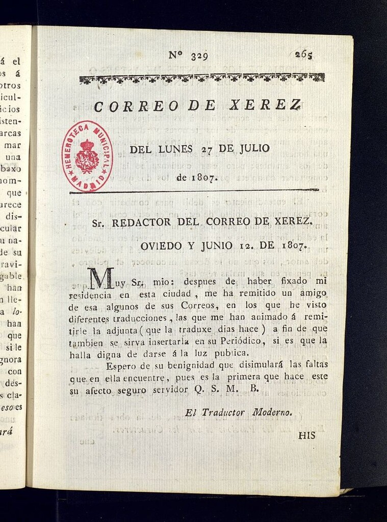 Miniatura de El Correo de Xerez del 27 de julio de 1807, nº 329