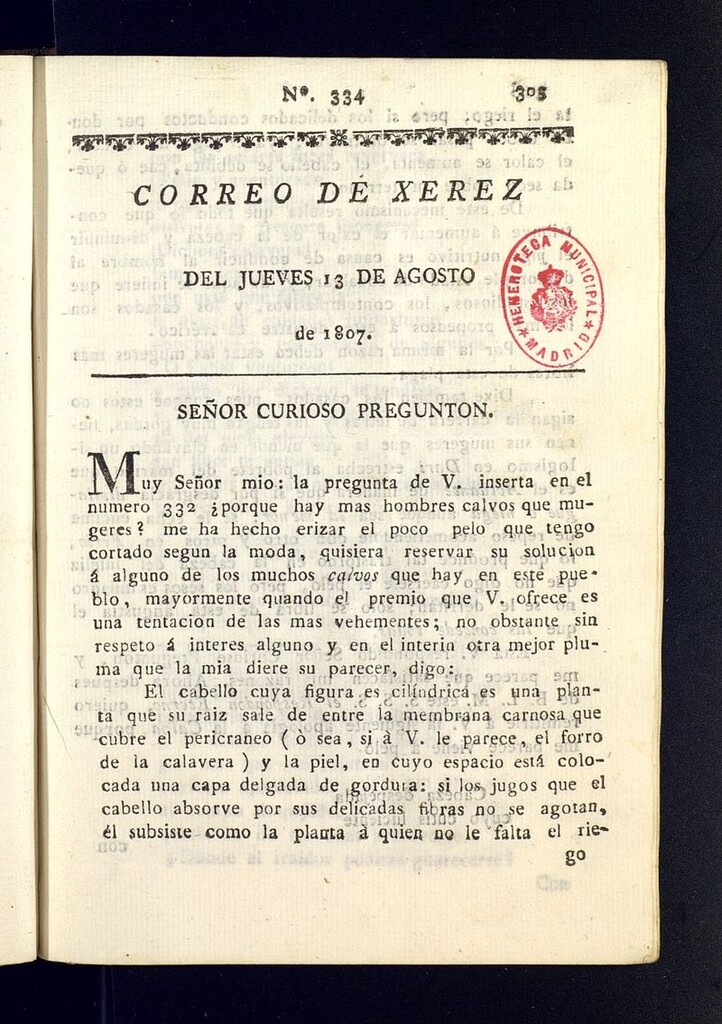 Miniatura de El Correo de Xerez del 13 de agosto de 1807, nº 334