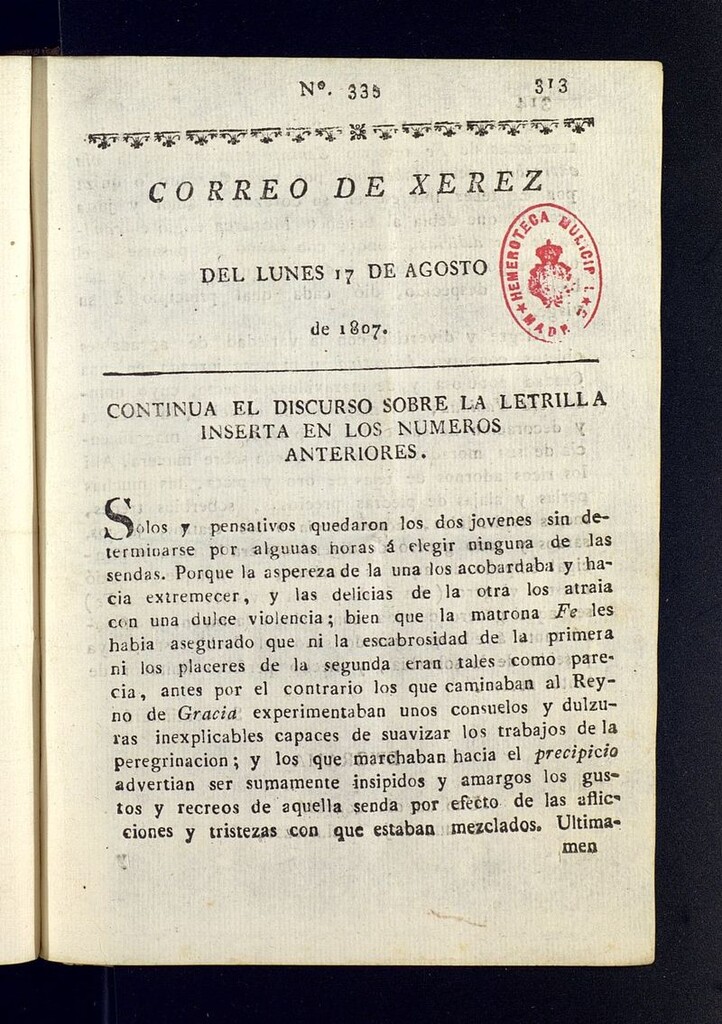 Miniatura de El Correo de Xerez del 17 de agosto de 1807, nº 335
