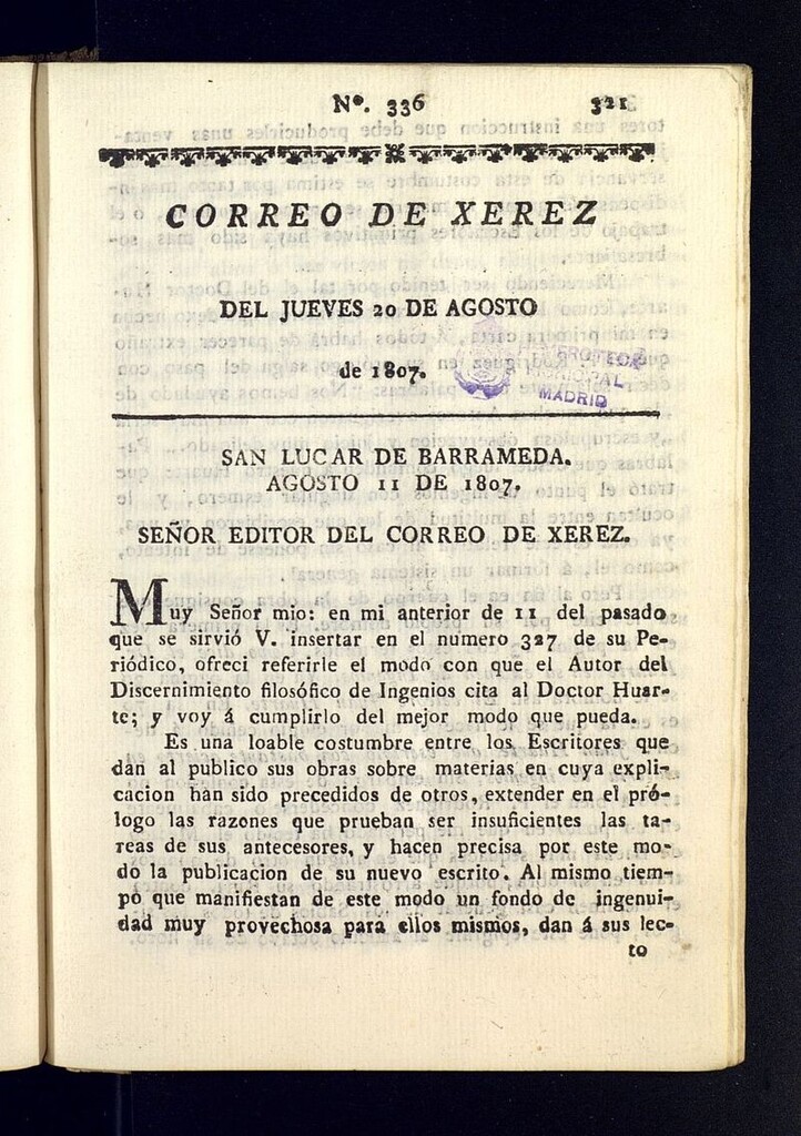 Miniatura de El Correo de Xerez del 20 de agosto de 1807, nº 336