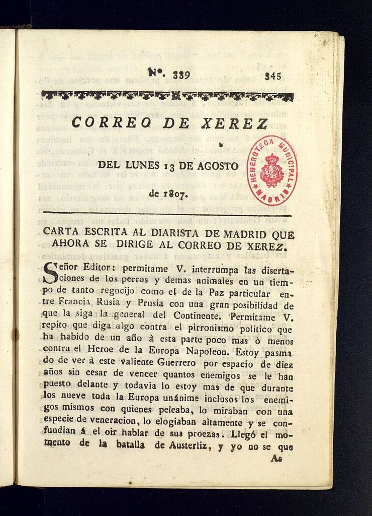 Miniatura de El Correo de Xerez del 13 de agosto de 1807, nº 339