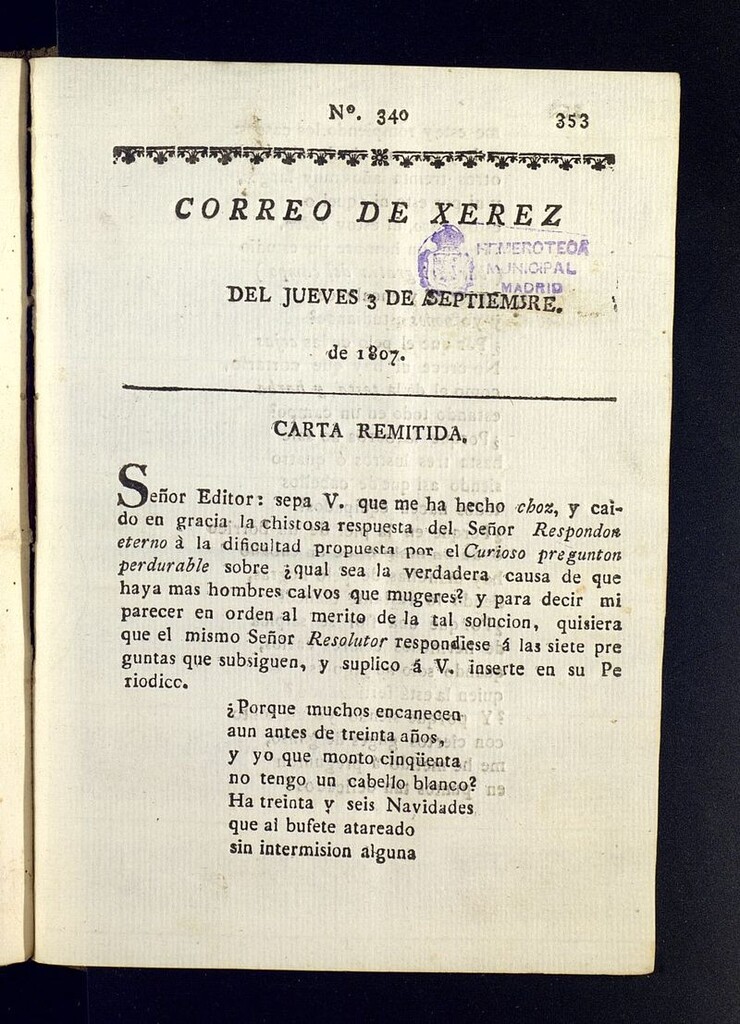 Miniatura de El Correo de Xerez del 3 de septiembre de 1807, nº 340