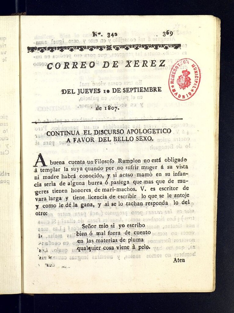 Miniatura de El Correo de Xerez del 10 de septiembre de 1807, nº 342