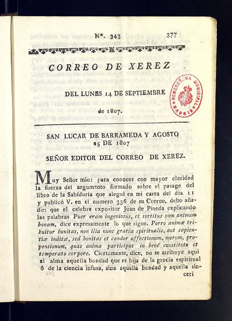 Miniatura de El Correo de Xerez del 14 de septiembre de 1807, nº 343