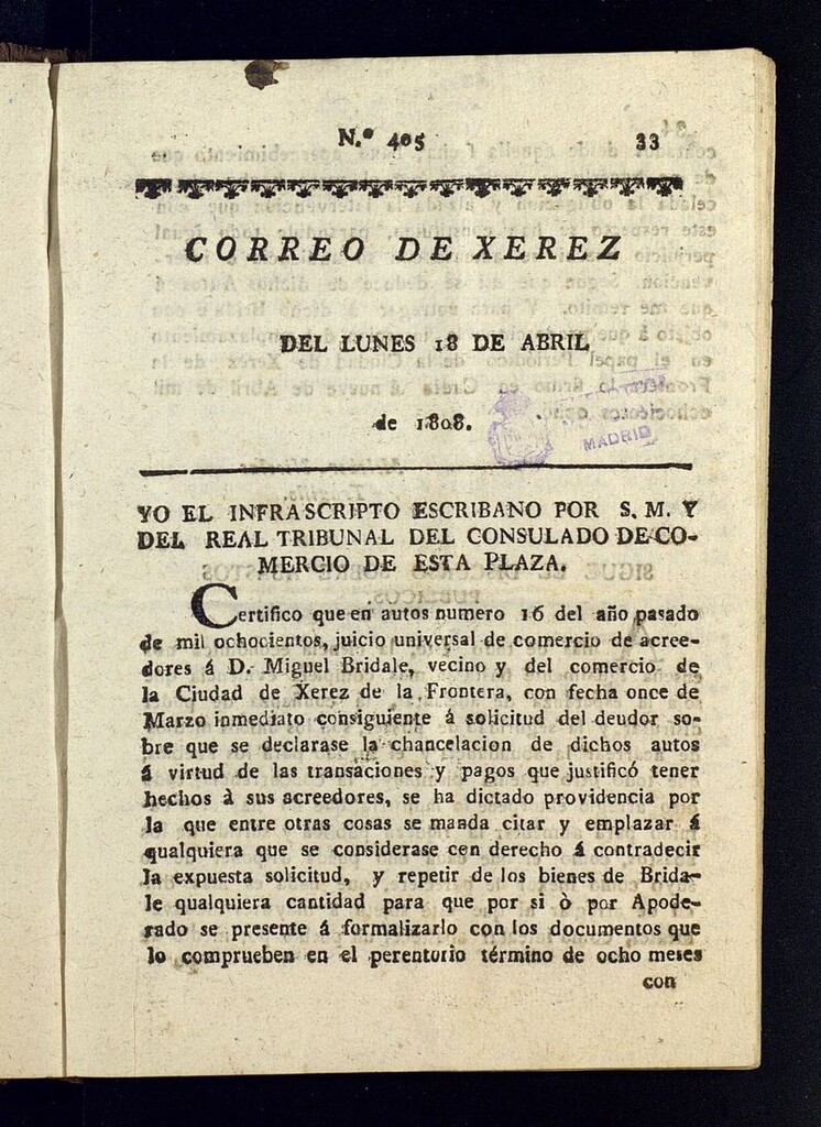Miniatura de El Correo de Xerez del 18 de abril de 1808, nº 405