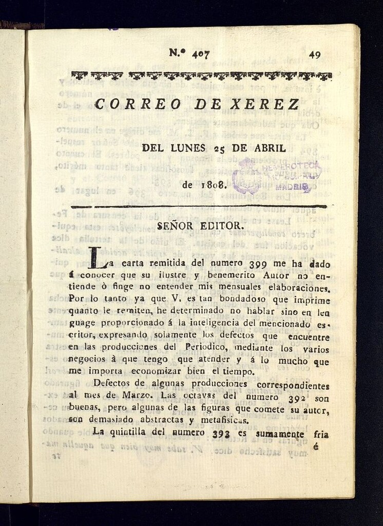 Miniatura de El Correo de Xerez del 25 de abril de 1808, nº 407