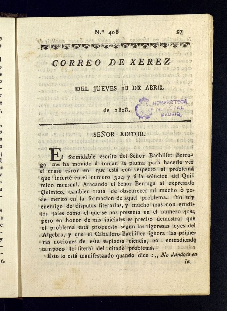 Miniatura de El Correo de Xerez del 28 de abril de 1808, nº 408