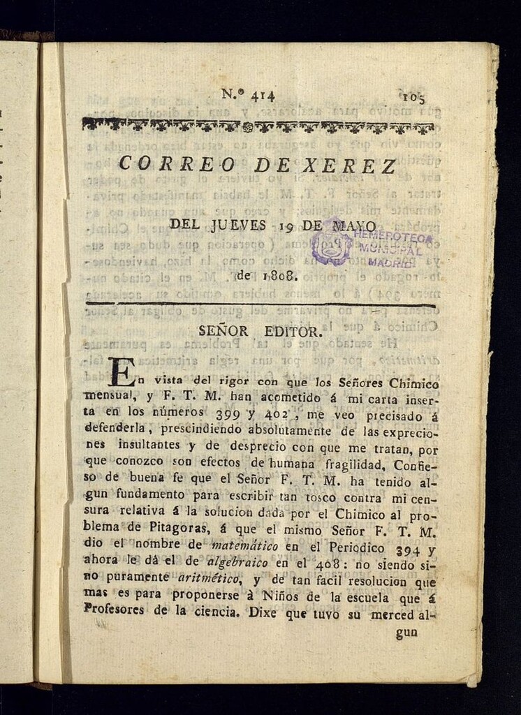 Miniatura de El Correo de Xerez del 19 de mayo de 1808, nº 414