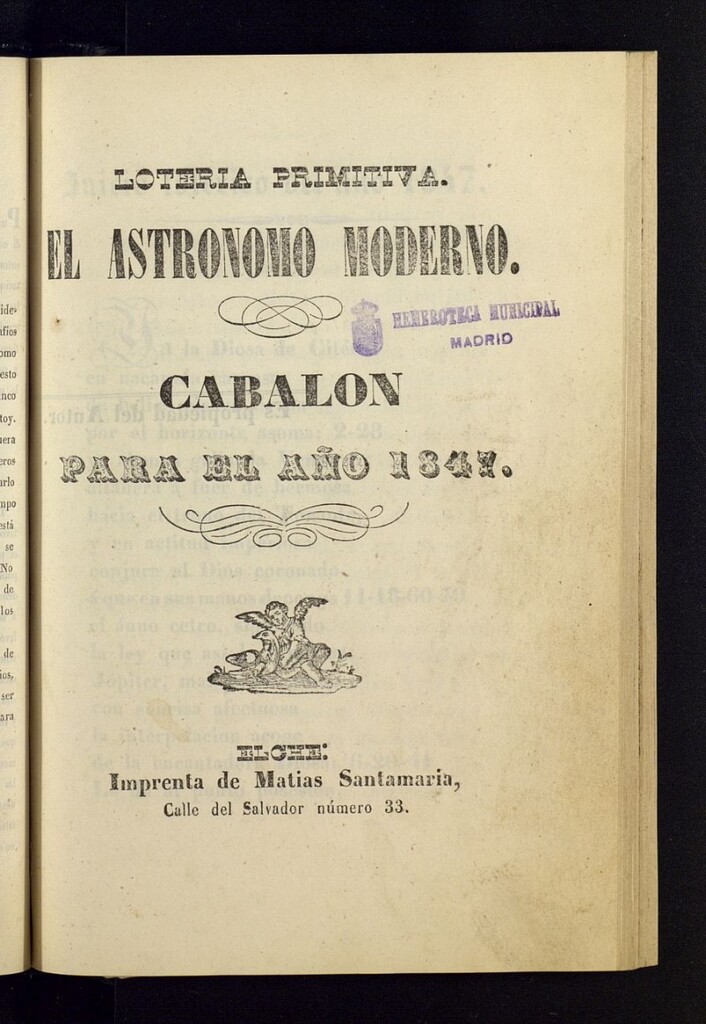 Miniatura de El Astrónomo Moderno. Lotería primitiva, cabalón para el año 1847
