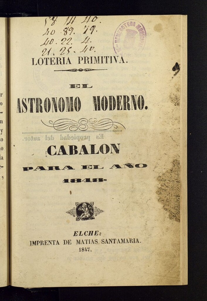 Miniatura de El Astrónomo Moderno. Lotería primitiva, cabalón para el año 1848