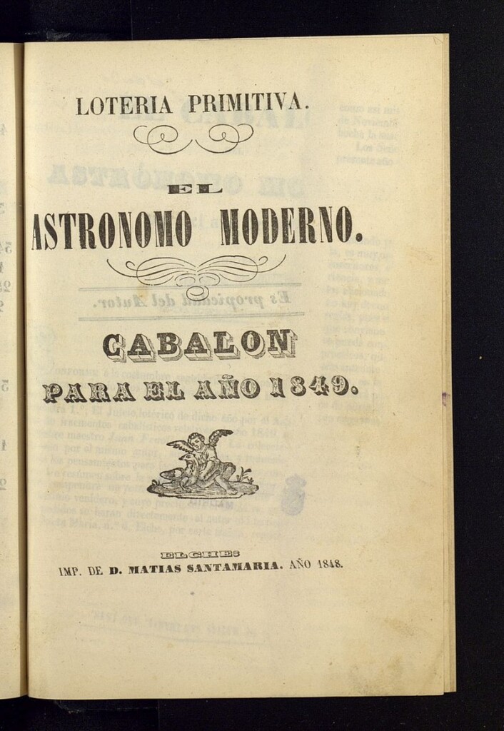 Miniatura de El Astrónomo Moderno. Lotería primitiva, cabalón para el año 1849