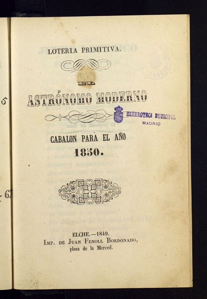 Miniatura de El Astrónomo Moderno. Lotería primitiva, cabalón para el año 1850
