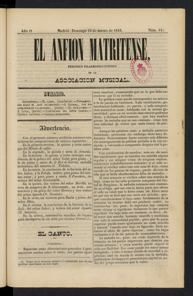 Miniatura de El Anfión Matritense del 19 de marzo de 1843