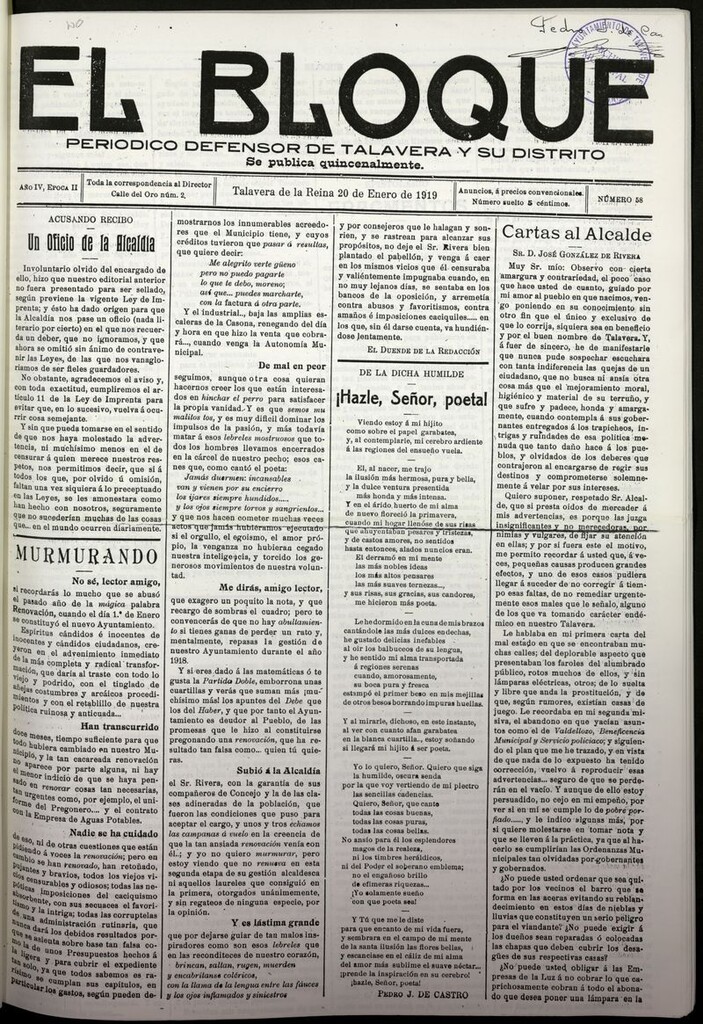 Miniatura de El Bloque (Talavera de la Reina, 1919) del 20 de enero de 1919