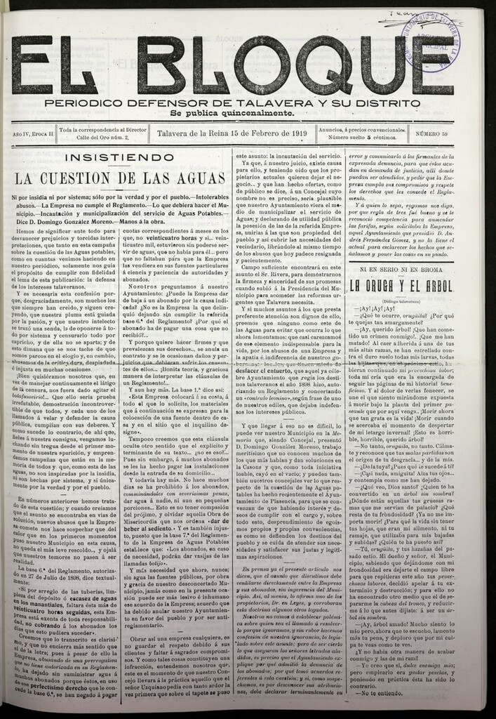 Miniatura de El Bloque (Talavera de la Reina, 1919) del 15 de febrero de 1919