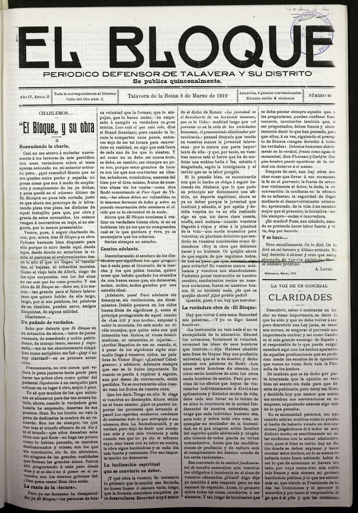 Miniatura de El Bloque (Talavera de la Reina, 1919) del 8 de marzo de 1919