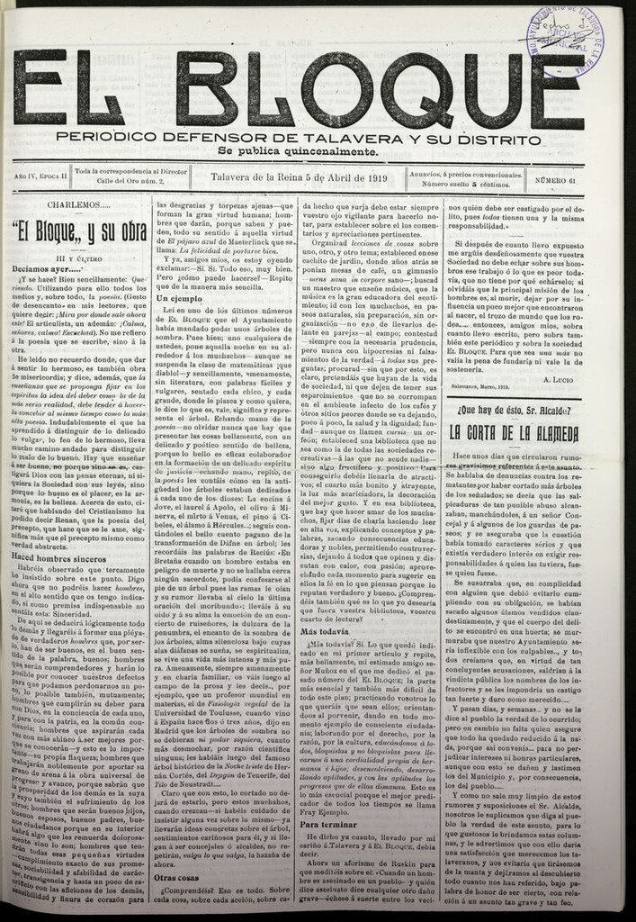Miniatura de El Bloque (Talavera de la Reina, 1919) del 5 de abril de 1919