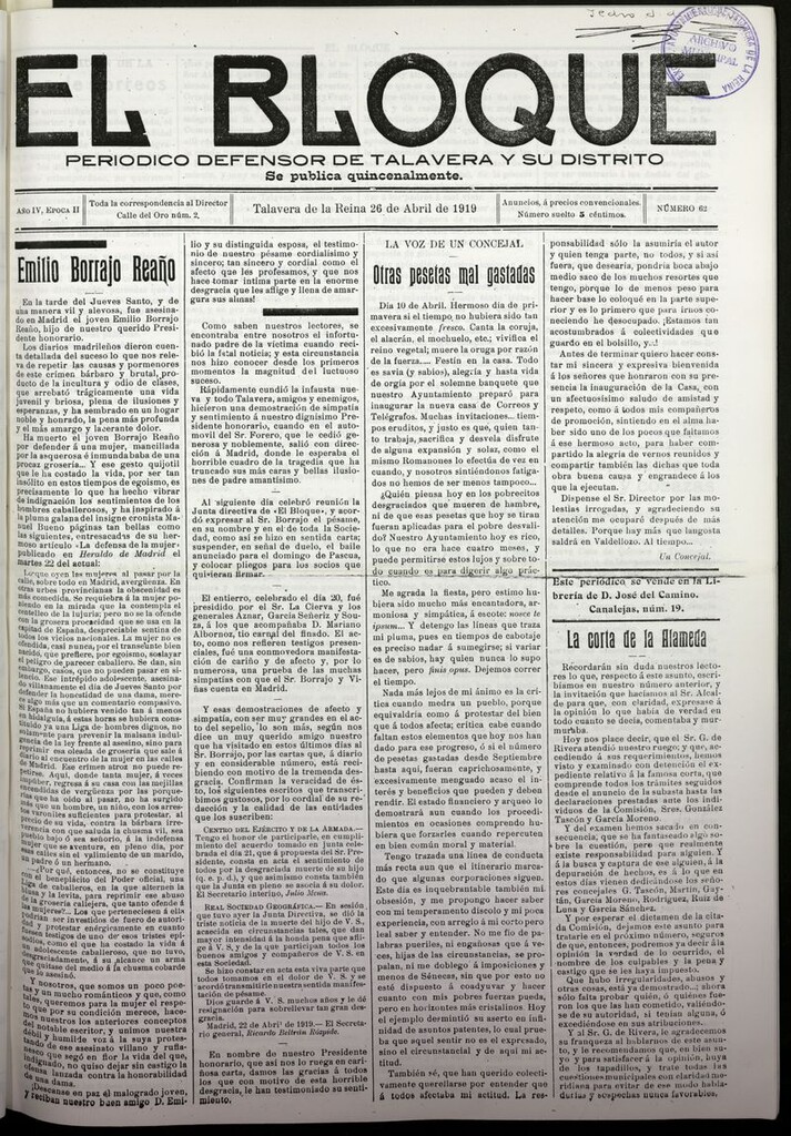 Miniatura de El Bloque (Talavera de la Reina, 1919) del 26 de abril de 1919