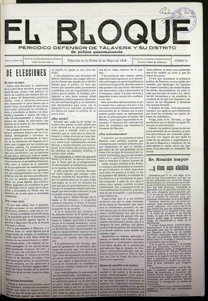 Miniatura de El Bloque (Talavera de la Reina, 1919) del 22 de mayo de 1919
