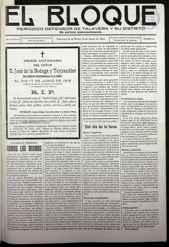 Miniatura de El Bloque (Talavera de la Reina, 1919) del 12 de junio de 1919