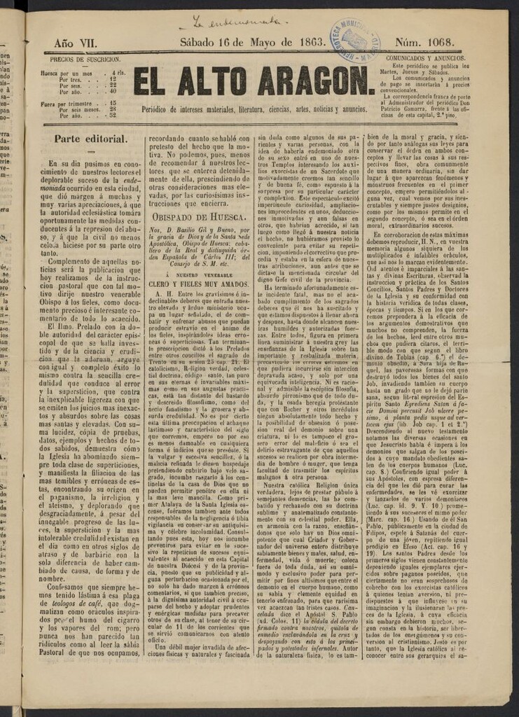 Miniatura de El Alto Aragón (Huesca, 1857) del 16 de mayo de 1863