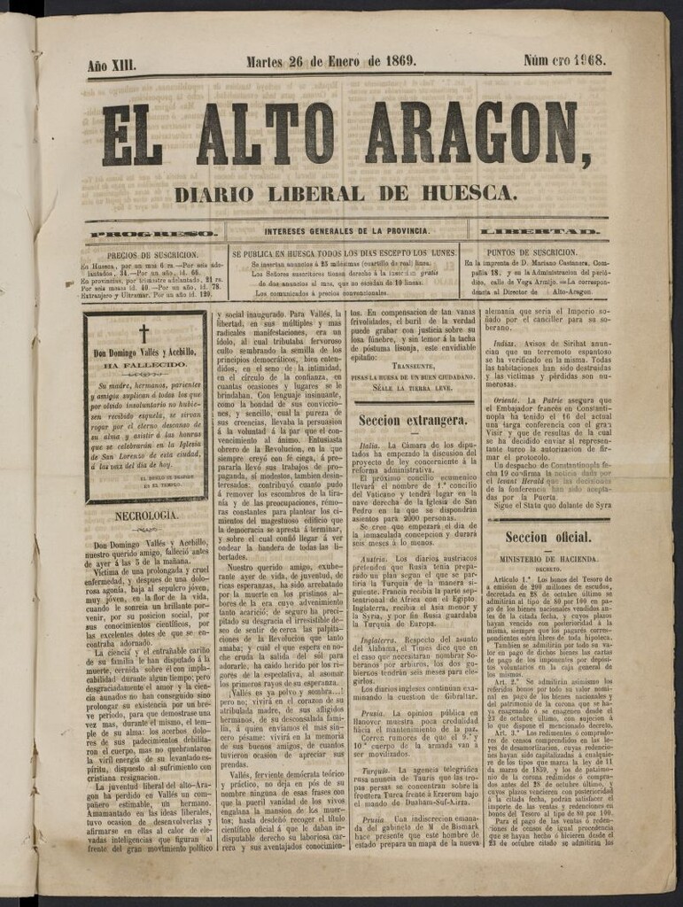 Miniatura de El Alto Aragón (Huesca, 1857) del 26 de enero de 1869