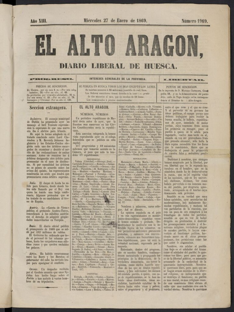 Miniatura de El Alto Aragón (Huesca, 1857) del 27 de enero de 1869